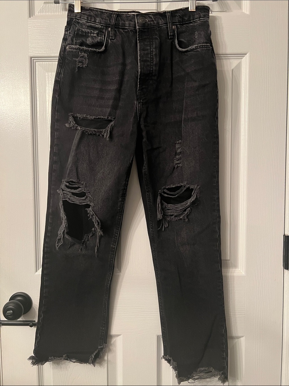 Free People 100% Cotton Button Fly Black High-Rise Relaxed Fit Distressed Jeans